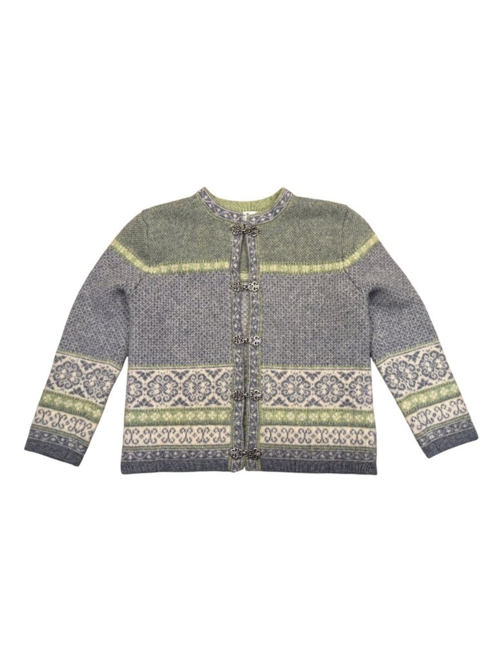 Susan Bristol Wool Cardigan Sweater Nordic Pattern Blue Green Cream Large Hook C